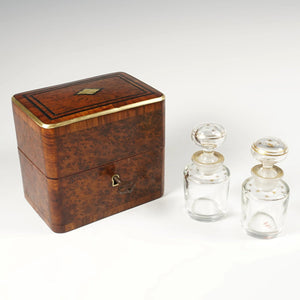 Antique French Perfume Caddy, Burl Wood & Brass Inlay Box, Baccarat Scent Bottles