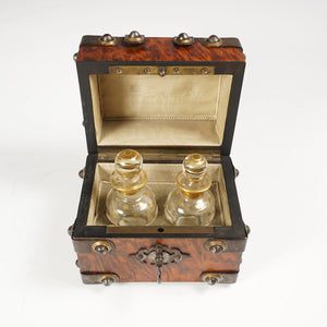Antique French Perfume Caddy, Gothic Style Burl Wood Box, Glass Scent Bottles