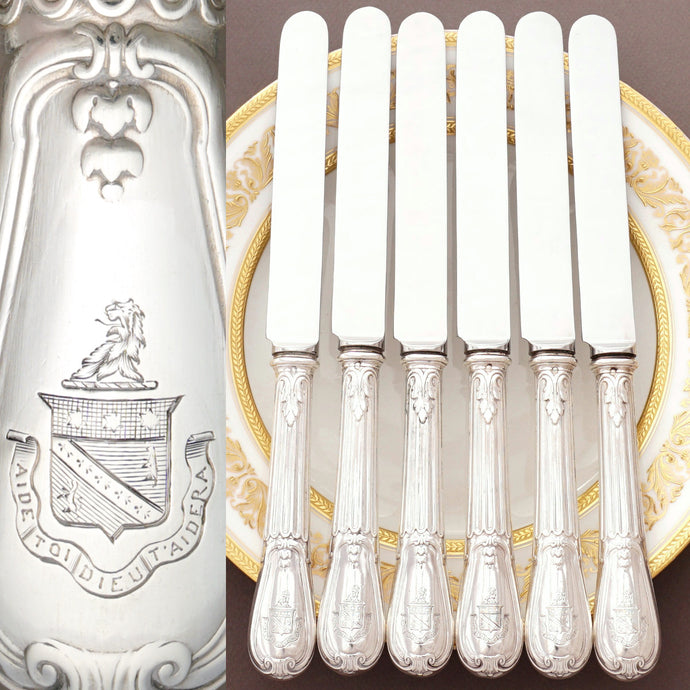 Antique French Sterling Silver Armorial Dinner Knives