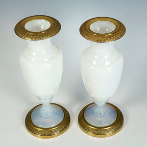 Pair Antique Charles X French Bulle de Savon Opaline Glass Vases Gilt Bronze Ormolu Mounts